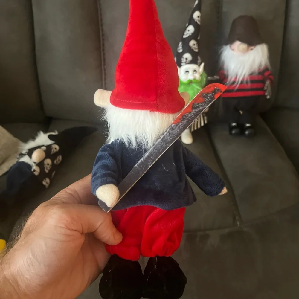 (4) 12 inch halloween garden gnomes, soft. Jason, Freddy, Ghostface.